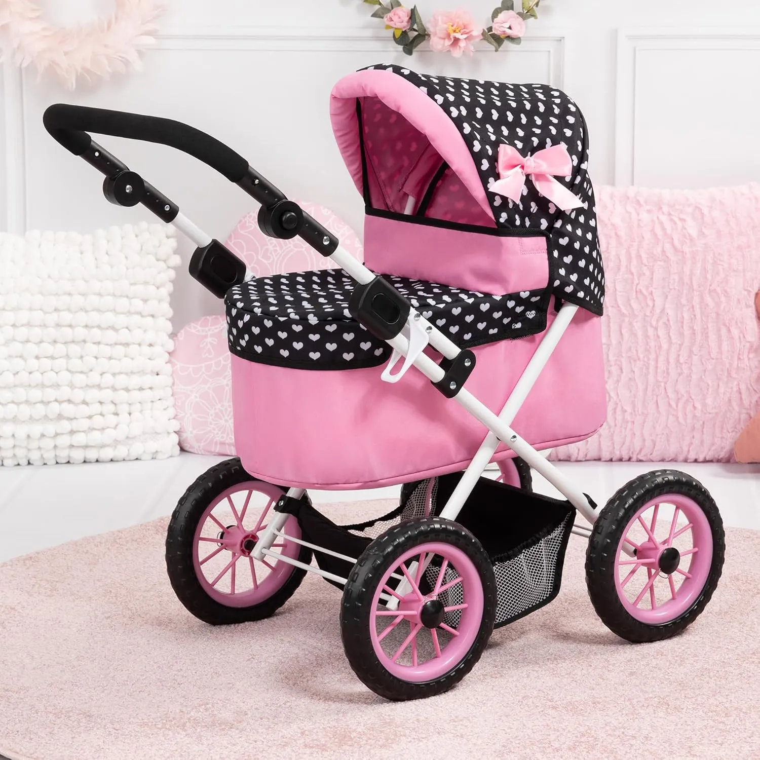 Bayer Design Dolls: Trendy Pram - Hearts Black & Pink - Includes Matching Shoulder Bag, for Dolls Up to 18", Foldable, Kids Pretend Play Toy, Ages 3 