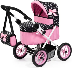 Bayer Design Dolls: Trendy Pram - Hearts Black & Pink - Includes Matching Shoulder Bag, for Dolls Up to 18", Foldable, Kids Pretend Play Toy, Ages 3 