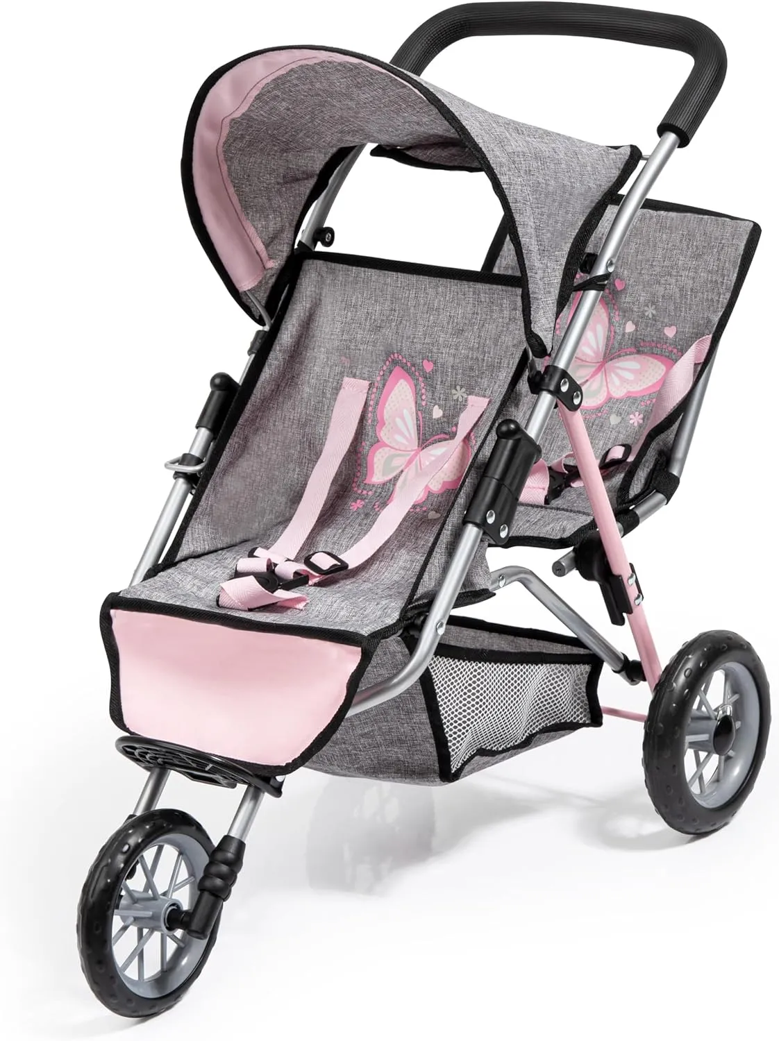 Bayer Design Dolls Twin 3 Wheel Jogger, Grey, Pink
