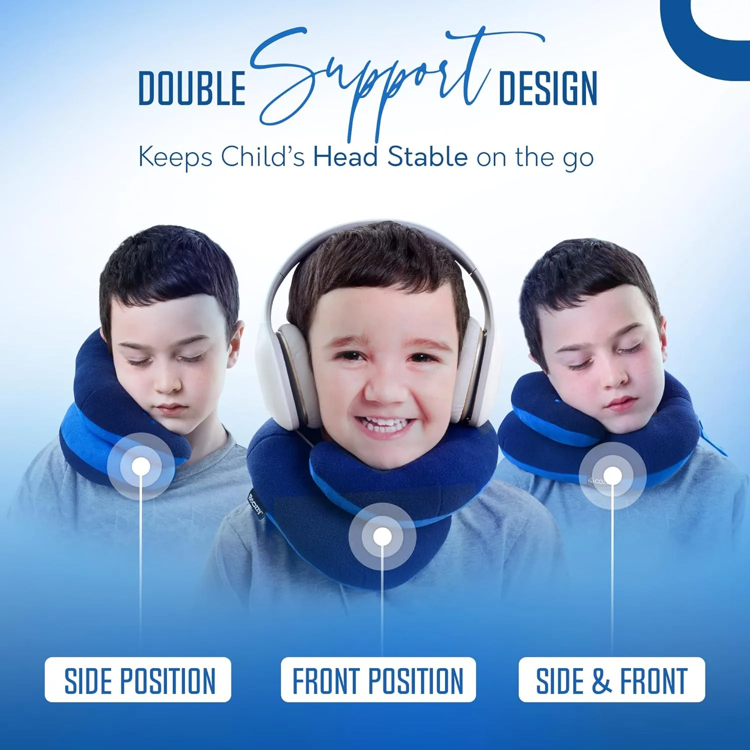 BCOZZY Kids Chin Supporting Travel Pillow for Ages 3–7- Patented Soft Neck Pillow for Head and Chin Support in Car Seat and Airplane. Comfortable Travel Essential. Small Size, Bag, Light Blue