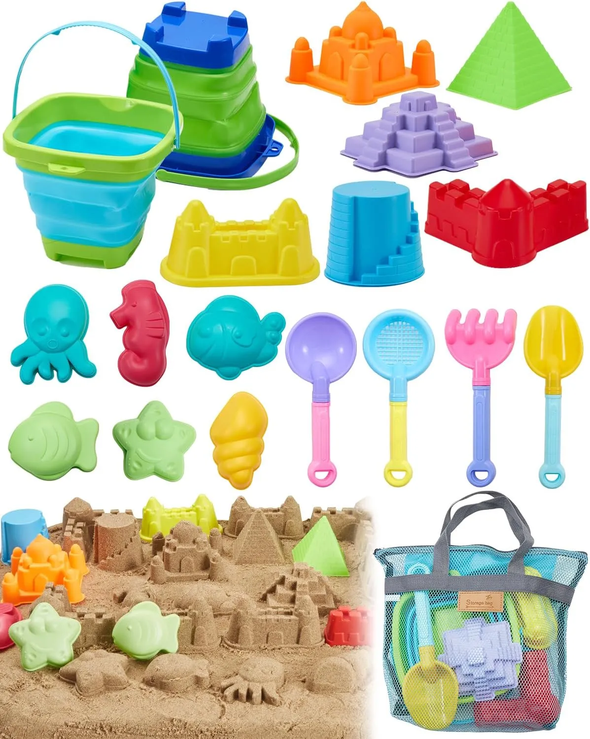 Beach Toys for Toddlers 1-3, Beach Toy Sand Toy for Kids Ages 4-8, 2 Collapsible Sand Bucket and Shovels, Mesh Bag, Sand Castle Animal Molds Sets, Travel Sandbox Toys for Toddlers Kids Age 3-10
