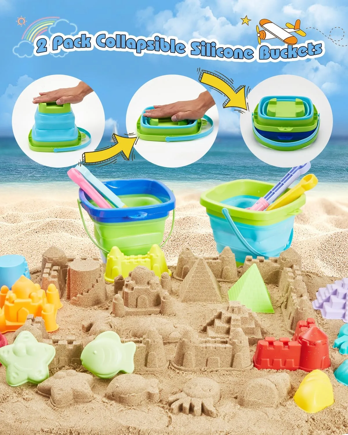 Beach Toys for Toddlers 1-3, Beach Toy Sand Toy for Kids Ages 4-8, 2 Collapsible Sand Bucket and Shovels, Mesh Bag, Sand Castle Animal Molds Sets, Travel Sandbox Toys for Toddlers Kids Age 3-10