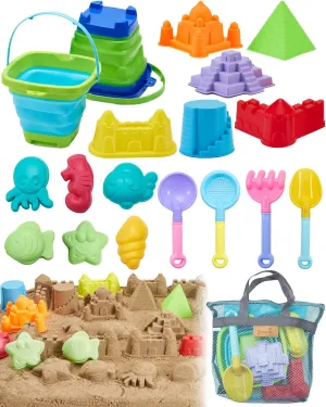 Beach Toys for Toddlers 1-3, Beach Toy Sand Toy for Kids Ages 4-8, 2 Collapsible Sand Bucket and Shovels, Mesh Bag, Sand Castle Animal Molds Sets, Travel Sandbox Toys for Toddlers Kids Age 3-10