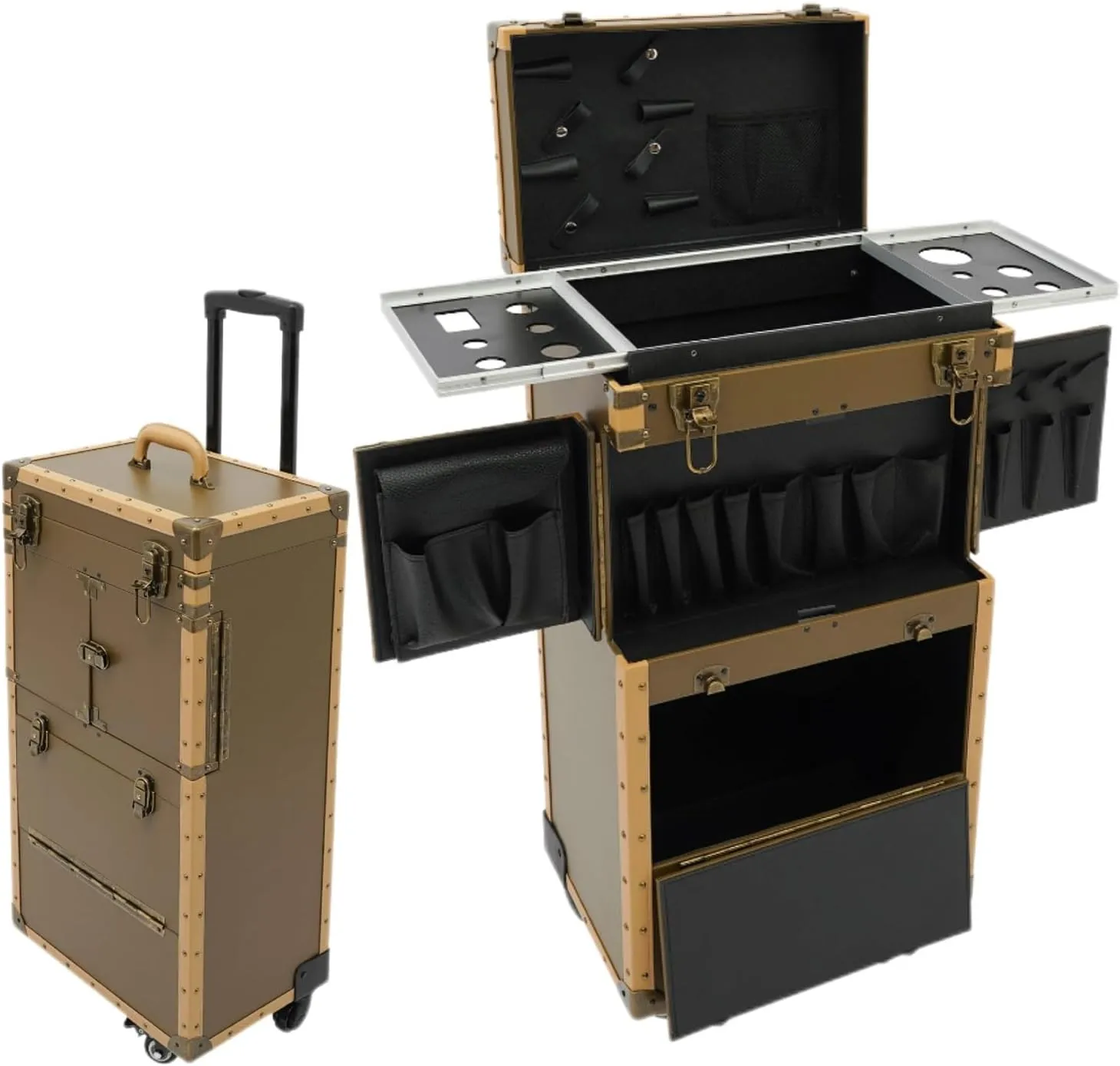 Beauty Salon Luggage, Hair Stylist Travel Case Rolling Makeup Train Case on Wheels Dual Locking Storage Cart Cosmetology Case for Hairstylists Stylist Nail Technician Salon, Gold