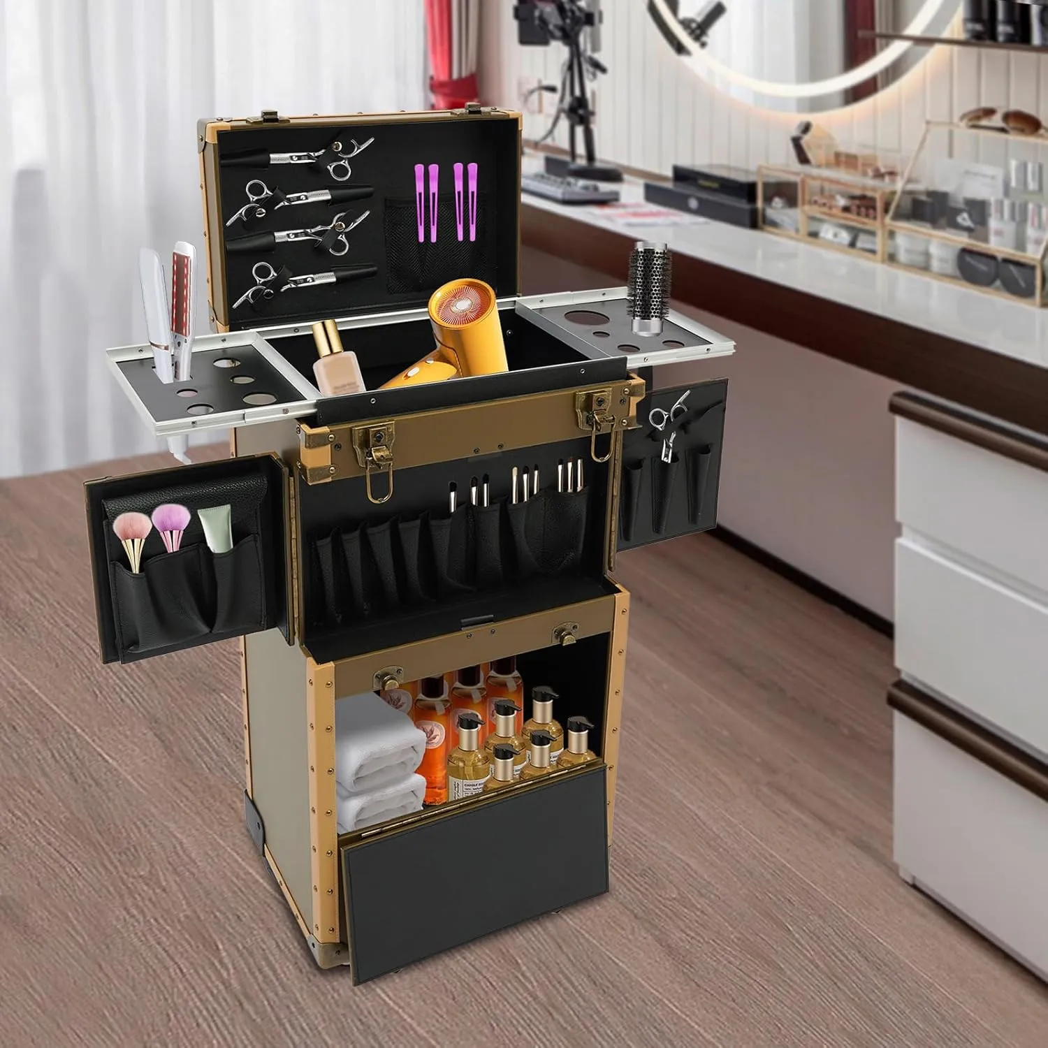 Beauty Salon Luggage, Hair Stylist Travel Case Rolling Makeup Train Case on Wheels Dual Locking Storage Cart Cosmetology Case for Hairstylists Stylist Nail Technician Salon, Gold