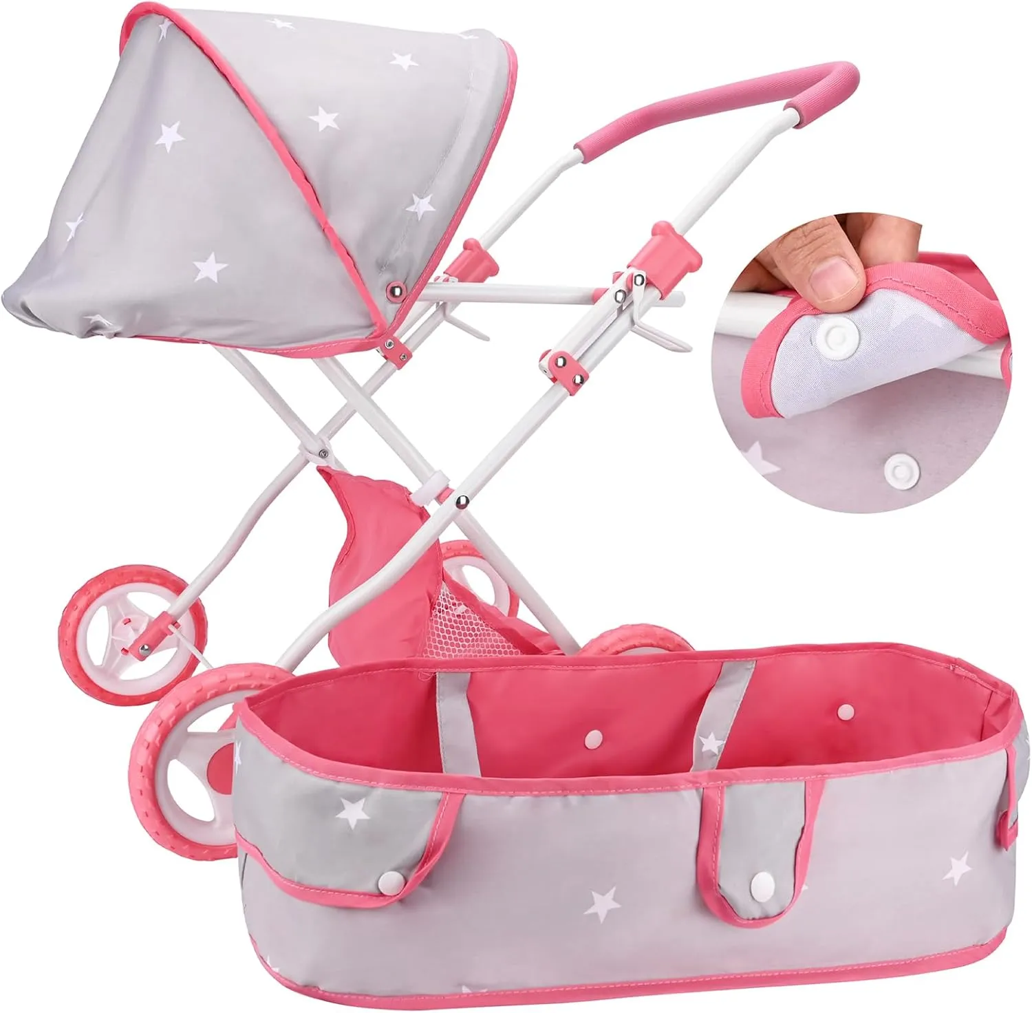 Bebamour Baby Doll Stroller Set 2 in 1 Babydoll Stroller with Removable Bassinet Doll Carriage Toy Doll Stroller for Toddlers (Grey)