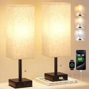 Bedside Lamps for Bedroom Set of 2 - Small Rectangular Nightstand Lamp with USB A C Charging Port, 3 Color Temperatures Desk Light with Bulb, Tabletop Reading Lamp for Living Room/Dorm/Office