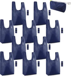 BeeGreen Navy Blue Reusable Grocery Bags 10 Pack Foldable Tote Bags With Handles Heavy Duty
