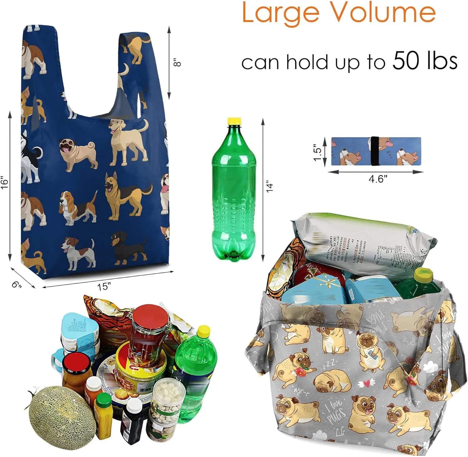 BeeGreen Navy Blue Reusable Grocery Bags 10 Pack Foldable Tote Bags With Handles Heavy Duty