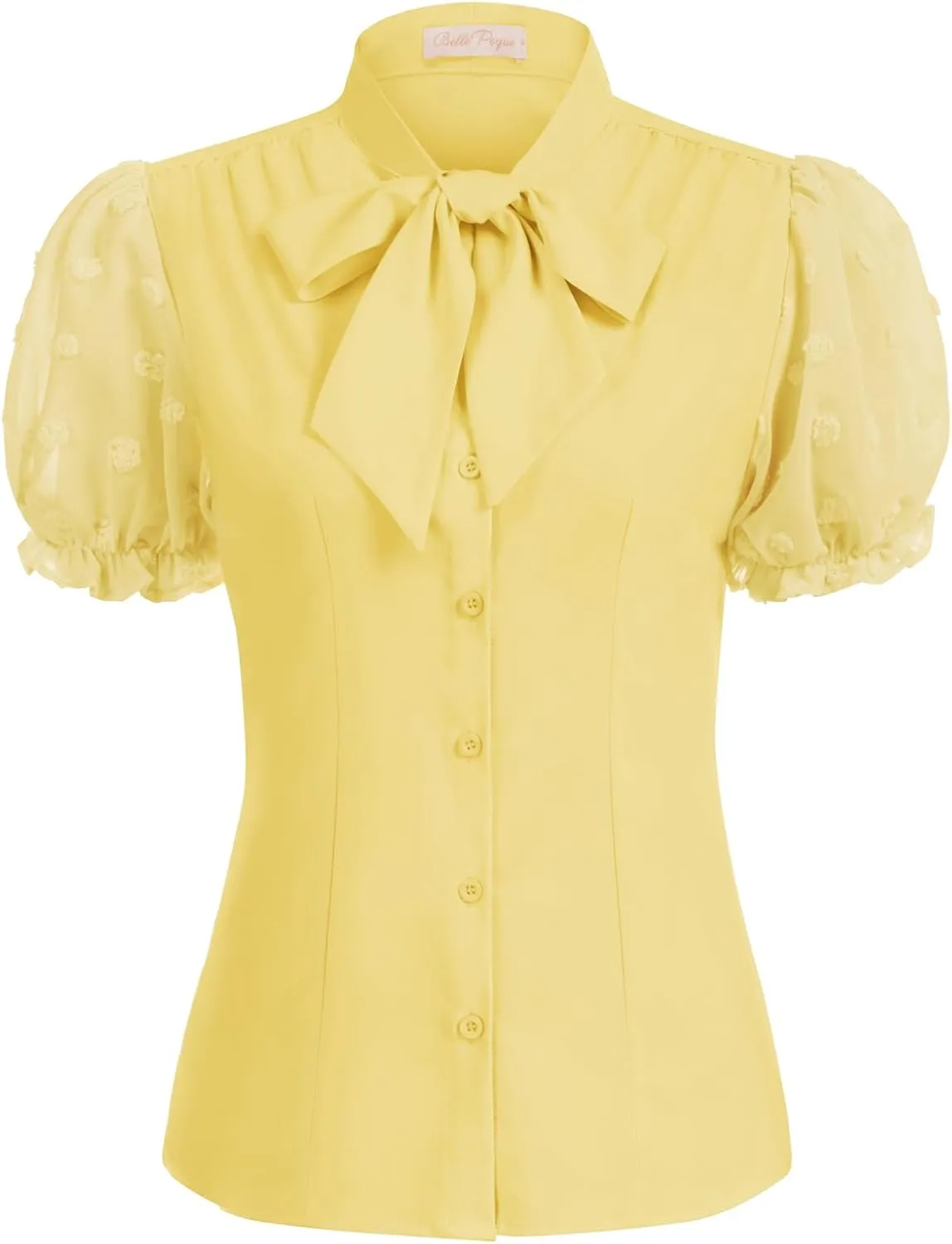 Belle Poque Summer Short Sleeve Office Button Down Blouse Vintage Business Casual Shirts Tops with Bow Tie