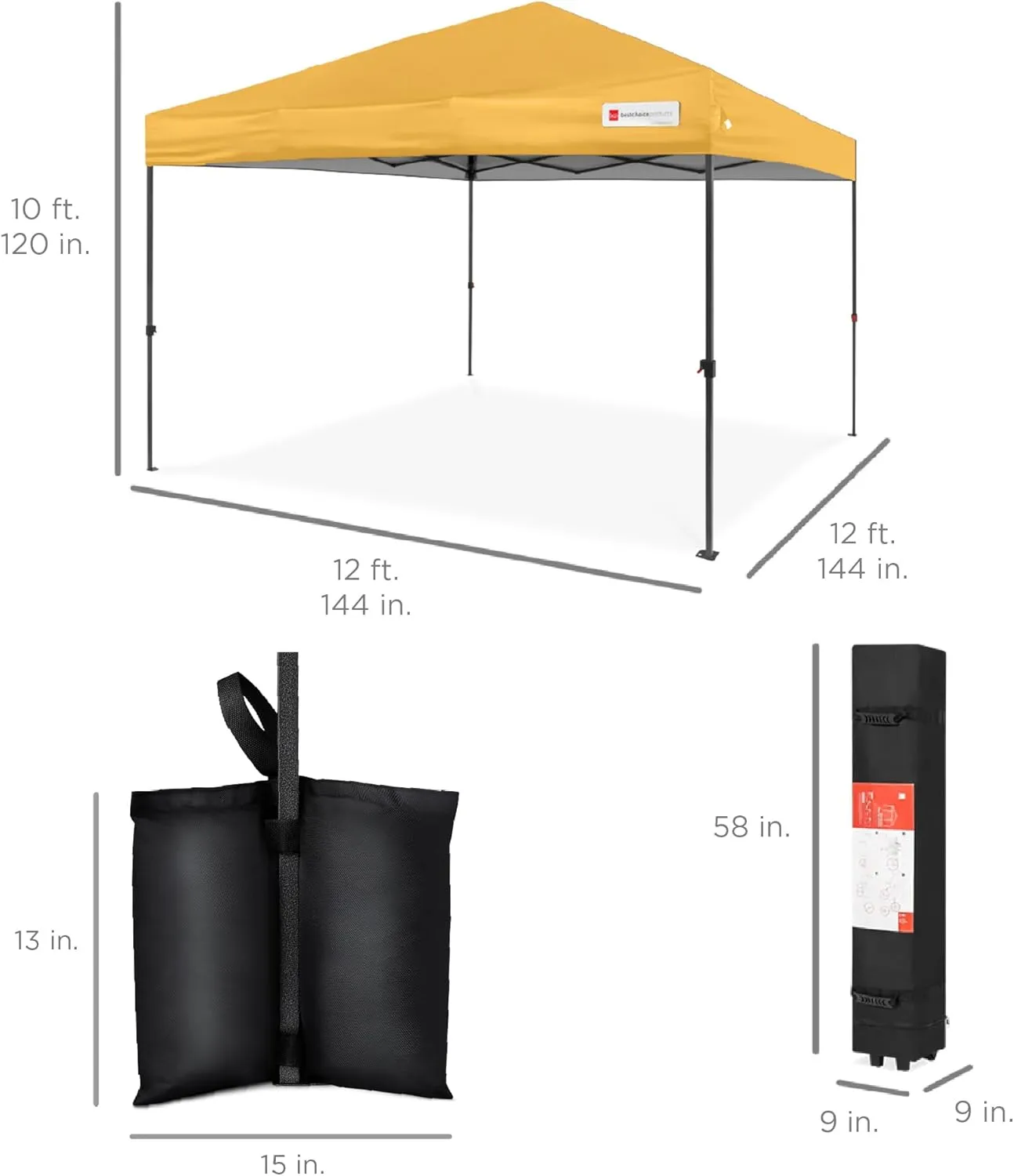 Best Choice Products 12x12ft 1-Person Setup Pop Up Canopy Tent Instant Portable Shelter w/ 1-Button Push, Case, 4 Weight Bags - Marigold