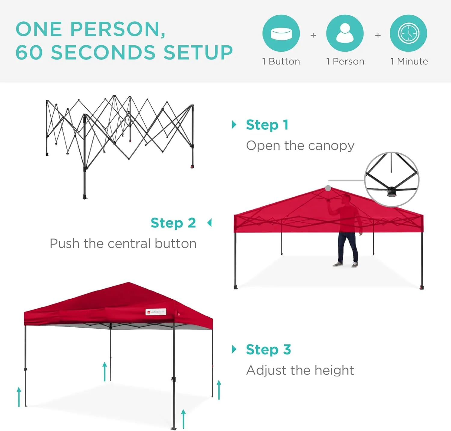 Best Choice Products 8x8ft 1-Person Setup Pop Up Canopy Tent Instant Portable Shelter w/ 1-Button Push, Case, 4 Weight Bags - Red