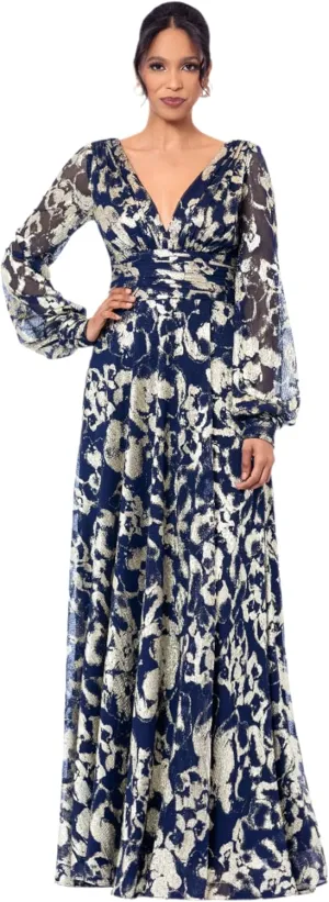 Betsy & Adam Women's Metallic Foil Long Mesh Sleeve V Neck Gown