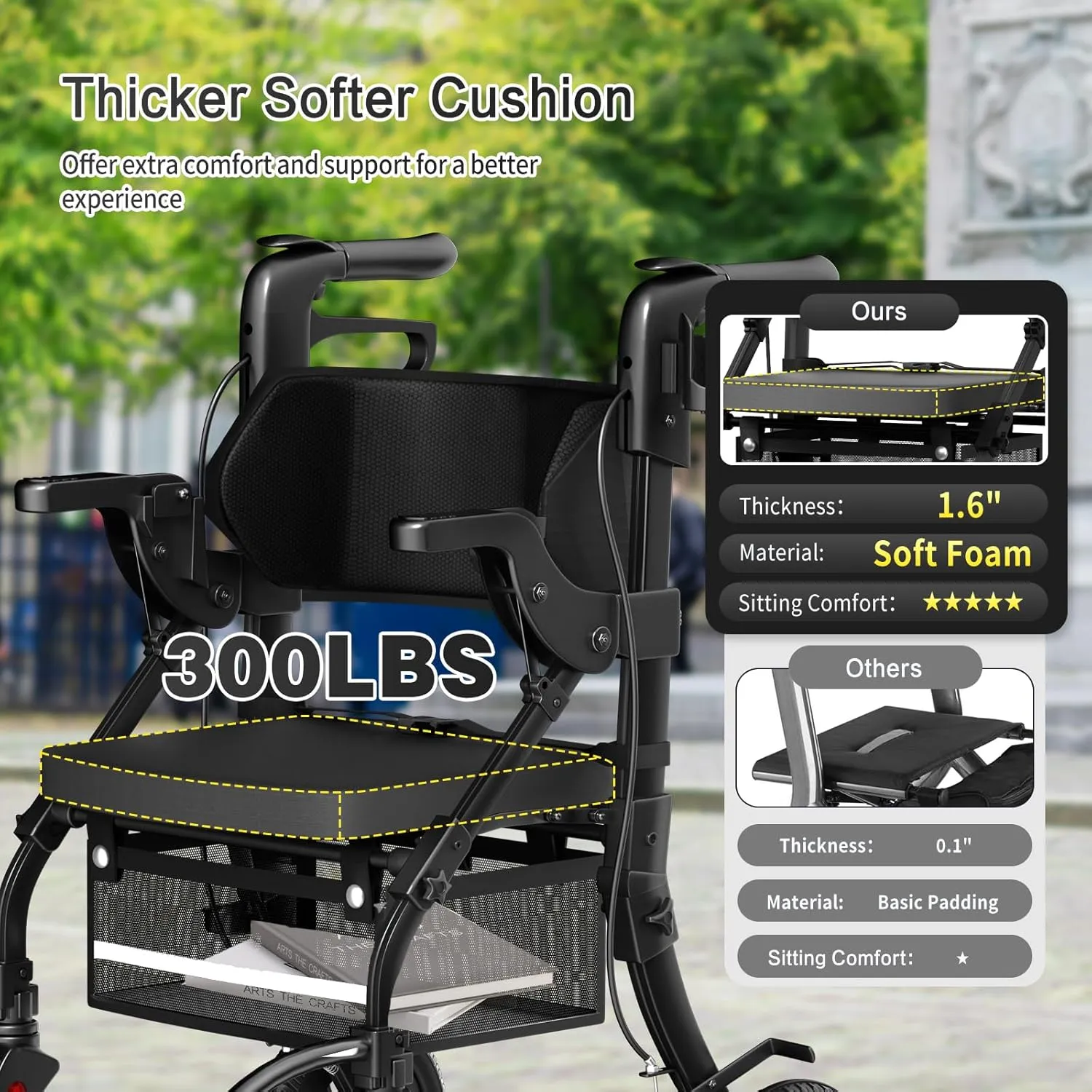 BigAlex Rollator Walker with Seat,2 in 1 Rollator Walker Transport-Wheelchair,10" All-Terrain Wheel for Outdoor & Indoor Use,Wider Seat for Users,Wheelchair Combo-Lightweight,Black