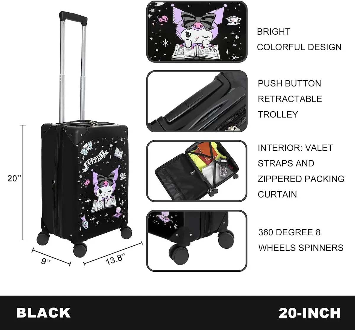 Bioworld Kuromi Black and Purple 20" Carry-On Suitcase With Wheels And Retractable Handle