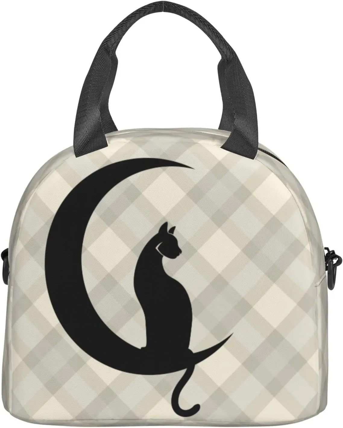 Black Cat Plaid Pattern Background Lunch Bag Reusable Insulated Lunch Tote Bag Lunchbox Container With Adjustable Shoulder Strap For Office Work School Picnic Travel