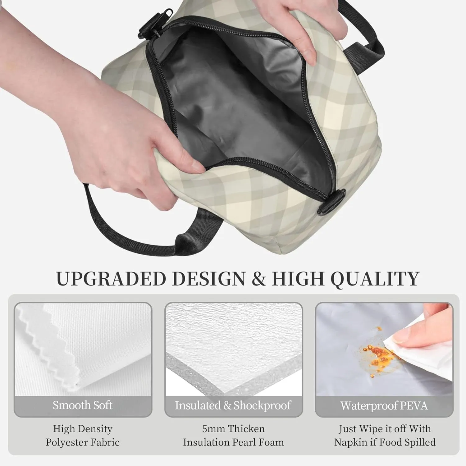 Black Cat Plaid Pattern Background Lunch Bag Reusable Insulated Lunch Tote Bag Lunchbox Container With Adjustable Shoulder Strap For Office Work School Picnic Travel