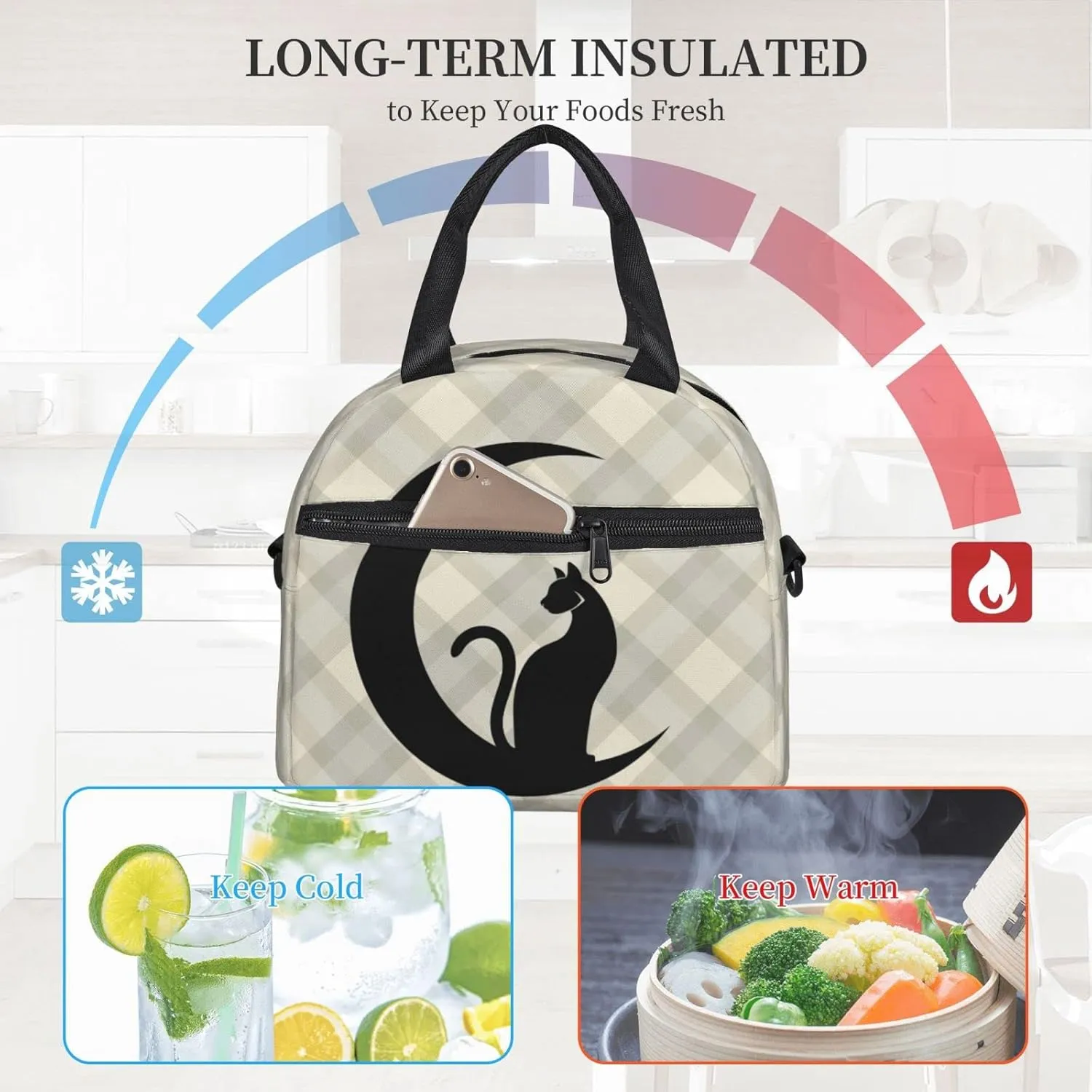 Black Cat Plaid Pattern Background Lunch Bag Reusable Insulated Lunch Tote Bag Lunchbox Container With Adjustable Shoulder Strap For Office Work School Picnic Travel