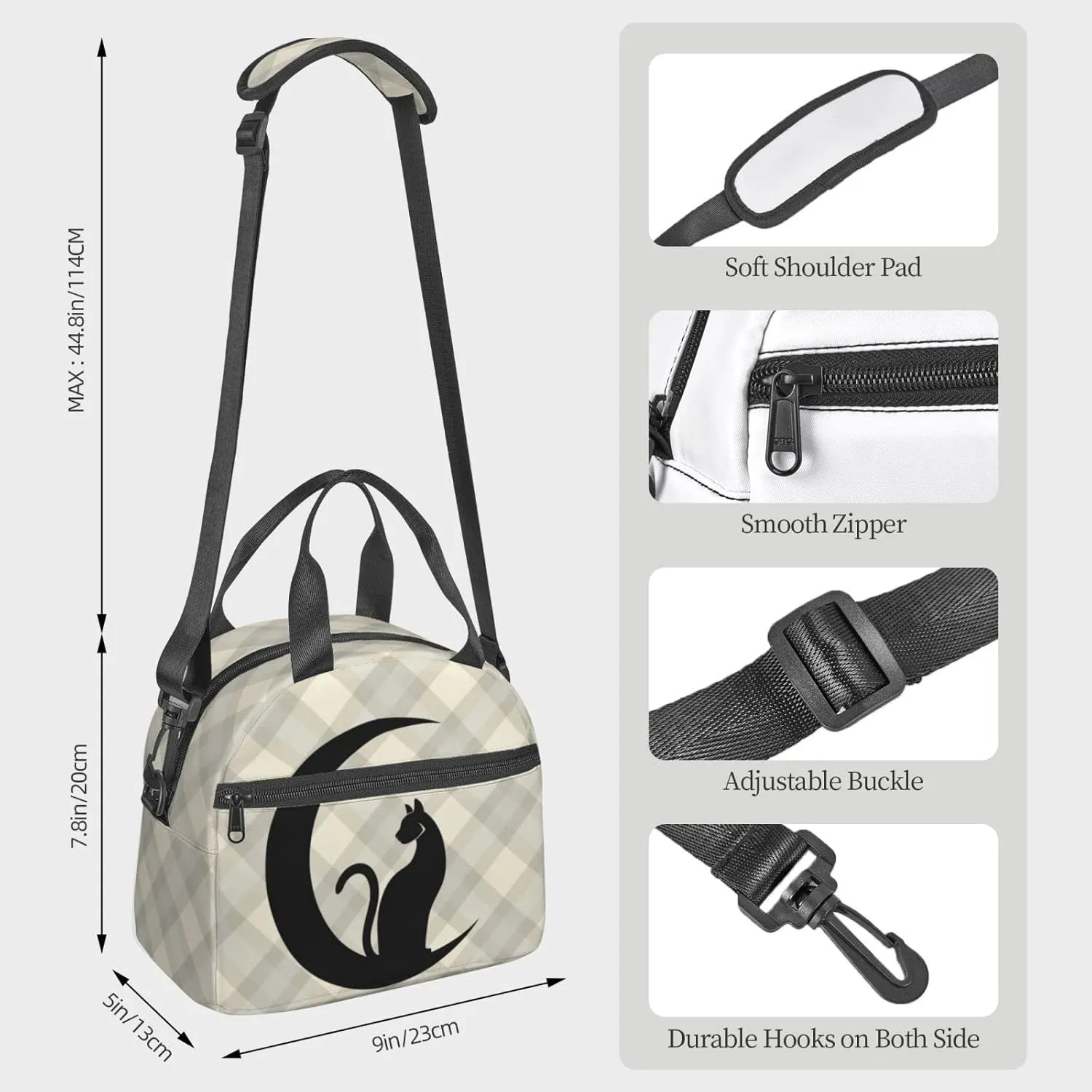 Black Cat Plaid Pattern Background Lunch Bag Reusable Insulated Lunch Tote Bag Lunchbox Container With Adjustable Shoulder Strap For Office Work School Picnic Travel