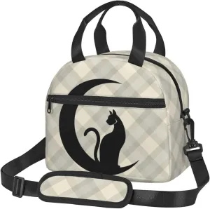 Black Cat Plaid Pattern Background Lunch Bag Reusable Insulated Lunch Tote Bag Lunchbox Container With Adjustable Shoulder Strap For Office Work School Picnic Travel