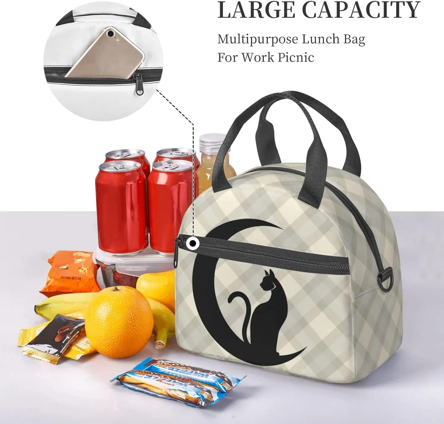 Black Cat Plaid Pattern Background Lunch Bag Reusable Insulated Lunch Tote Bag Lunchbox Container With Adjustable Shoulder Strap For Office Work School Picnic Travel