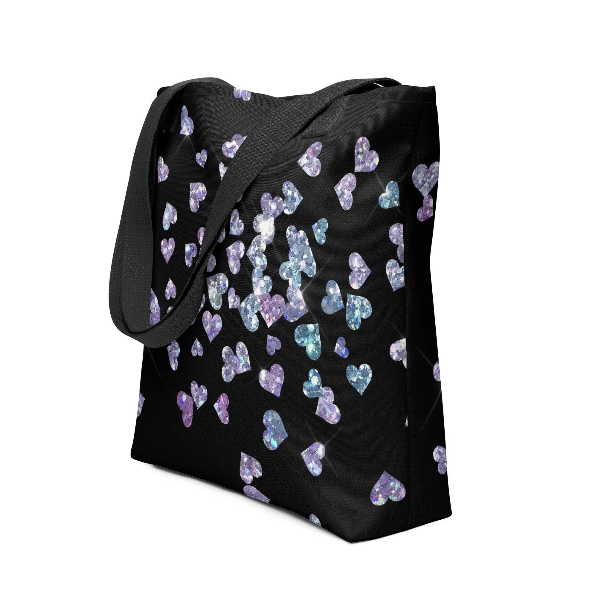 Black Heart Glitter All Over Print Tote Bag