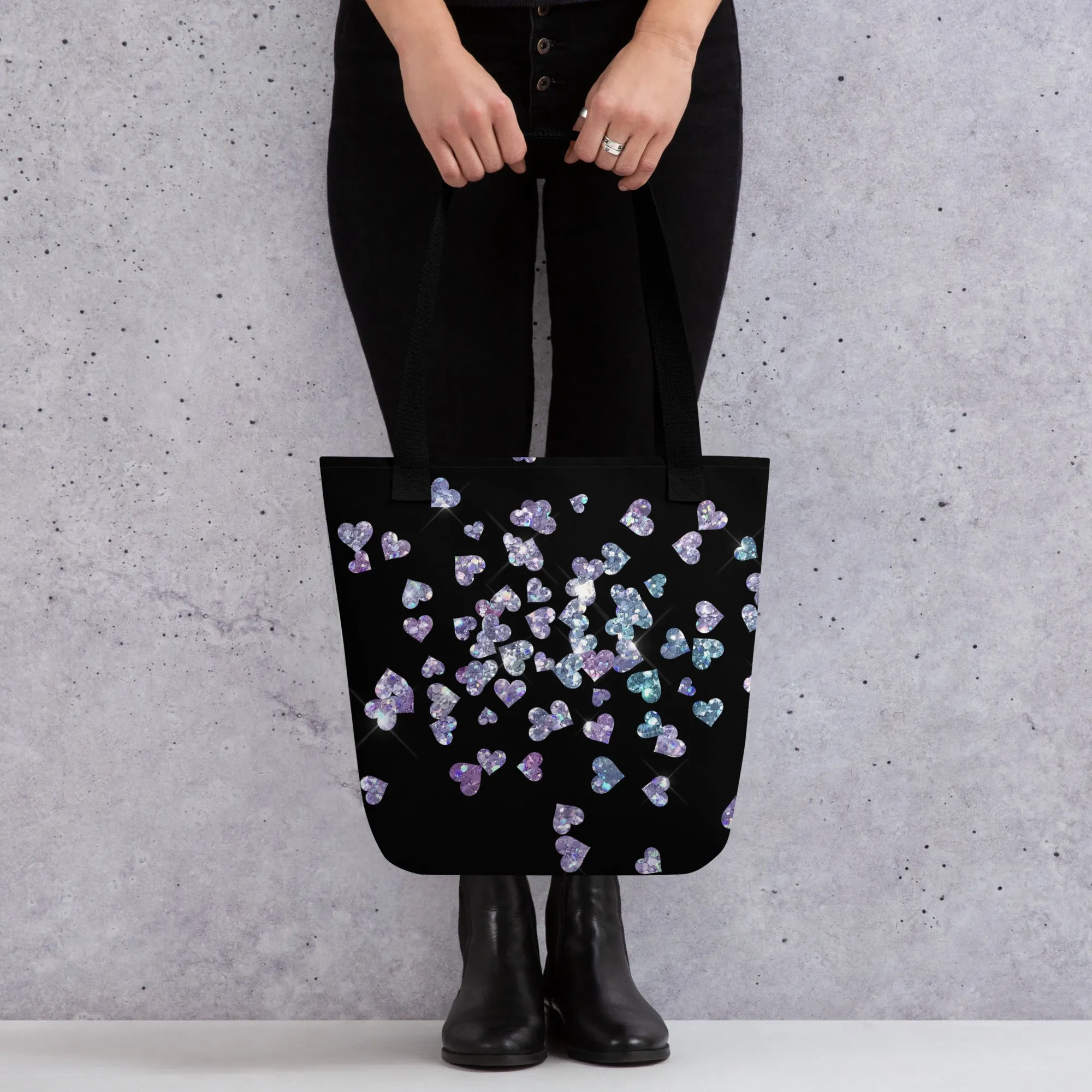 Black Heart Glitter All Over Print Tote Bag