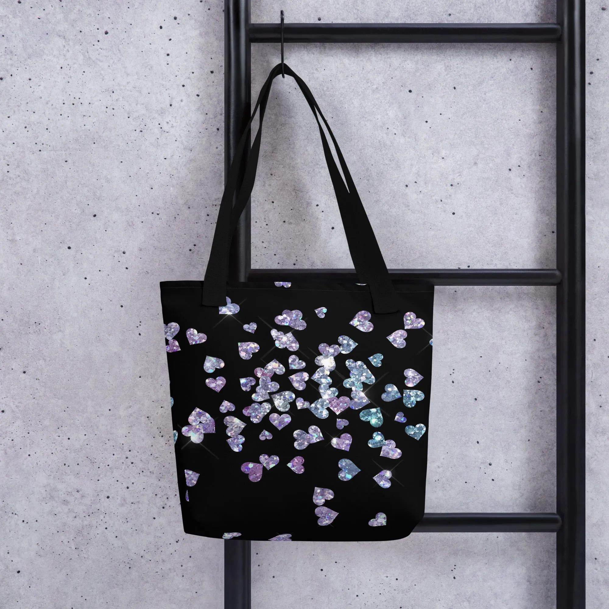 Black Heart Glitter All Over Print Tote Bag