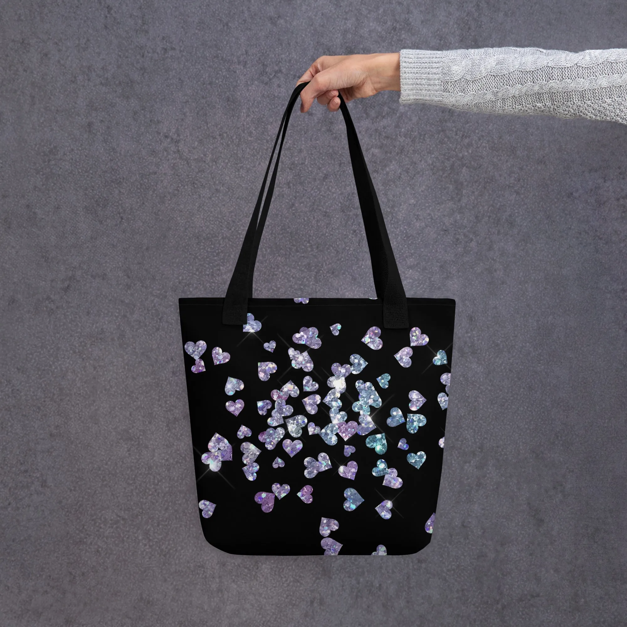 Black Heart Glitter All Over Print Tote Bag