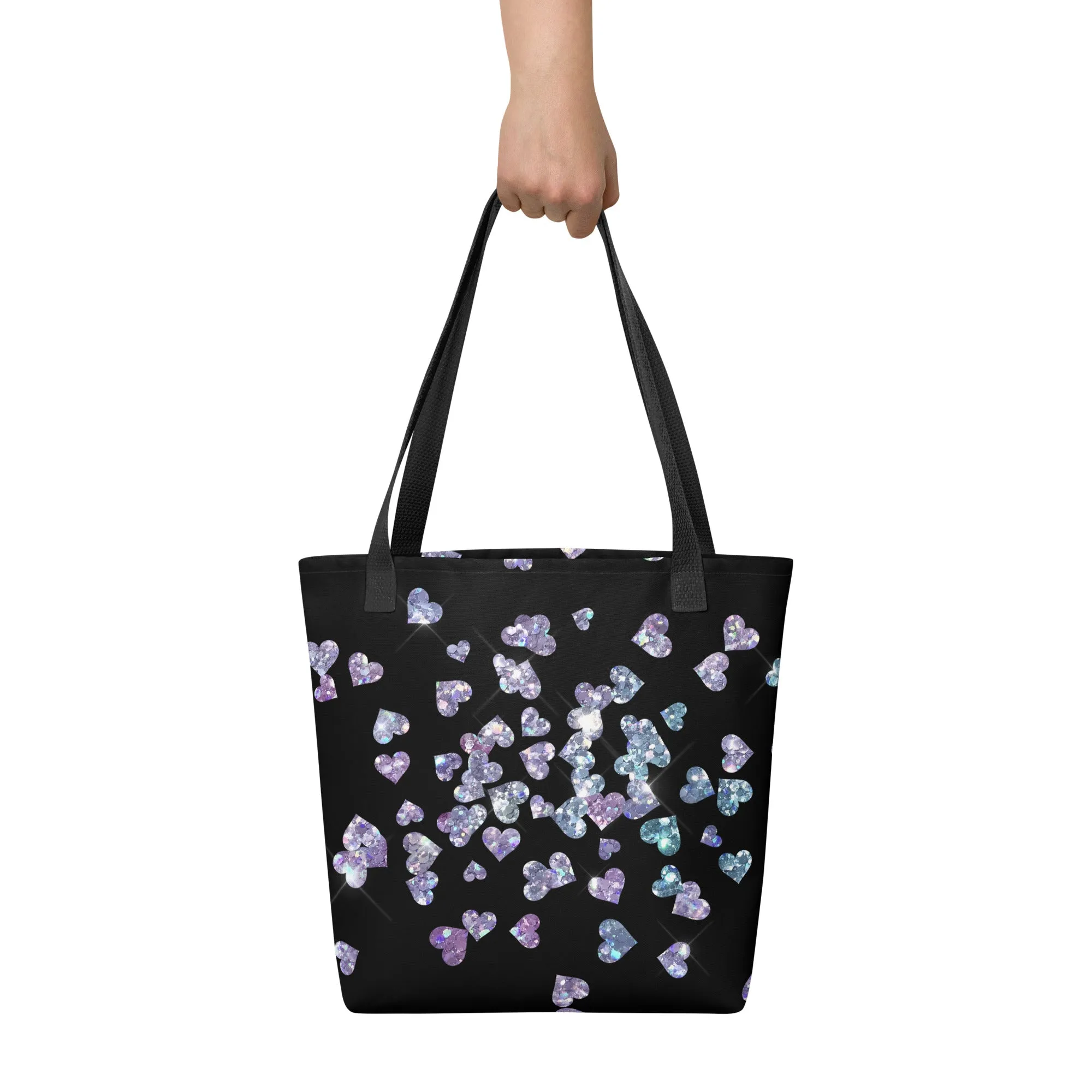 Black Heart Glitter All Over Print Tote Bag