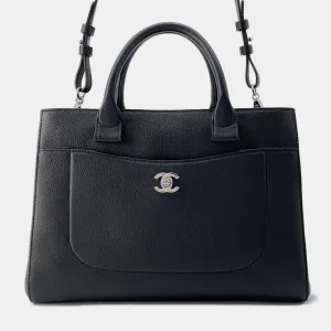 Black Leather Neo Executive Medium Shopping Tote Bag