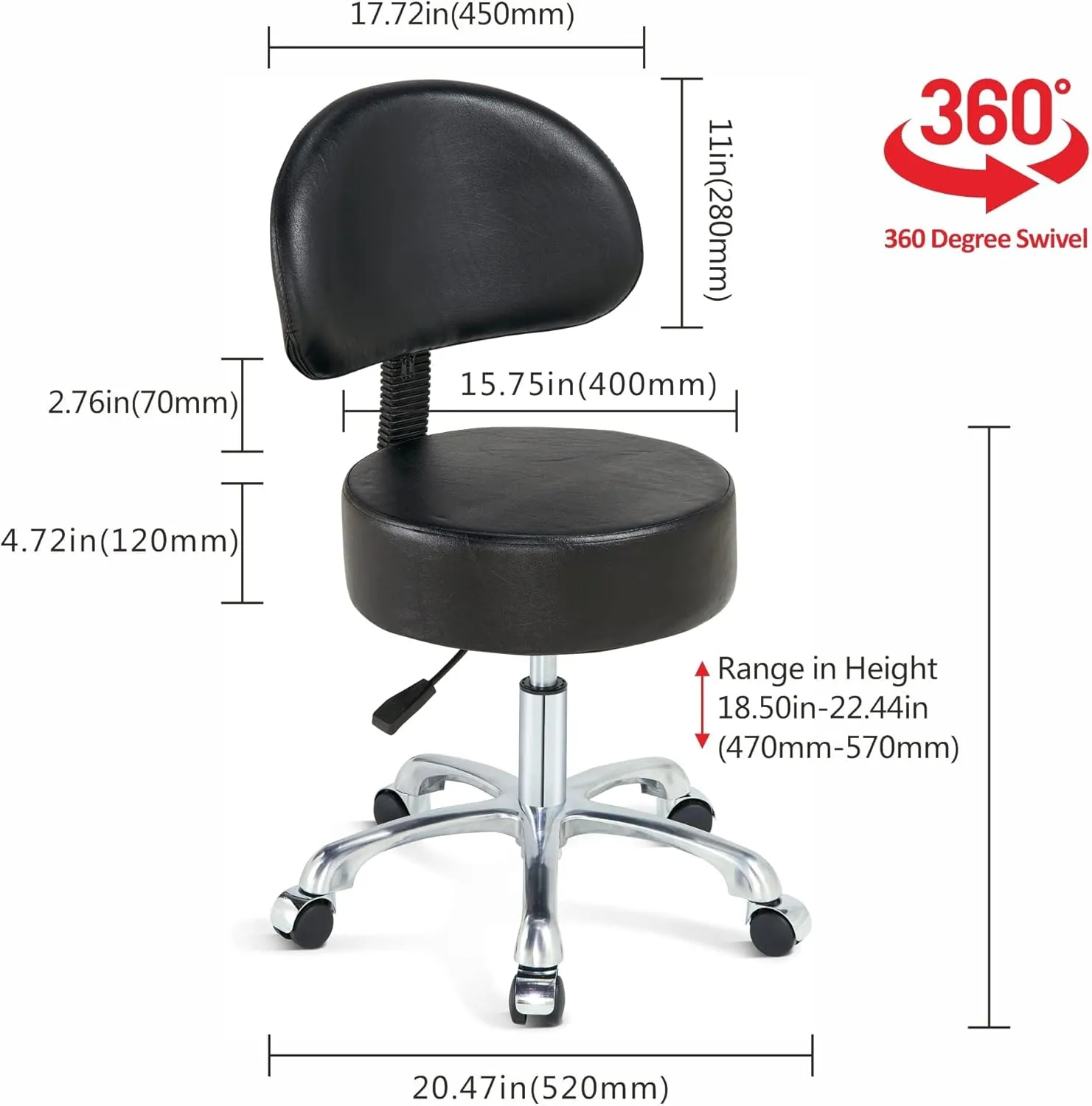 Black Lift Swivel Rolling Stool Round Chair,Thick Sturdy Padding,Adjustable Stool with Wheels for Doctor,Medical,Massage Salon,Office,Shop(with Back, Blue)