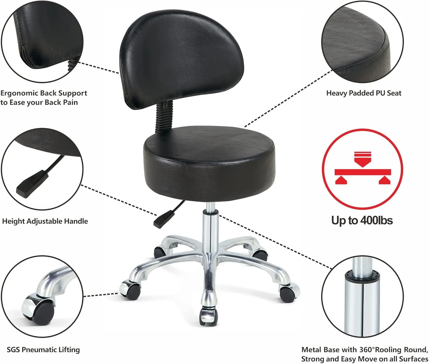 Black Lift Swivel Rolling Stool Round Chair,Thick Sturdy Padding,Adjustable Stool with Wheels for Doctor,Medical,Massage Salon,Office,Shop(with Back, Blue)