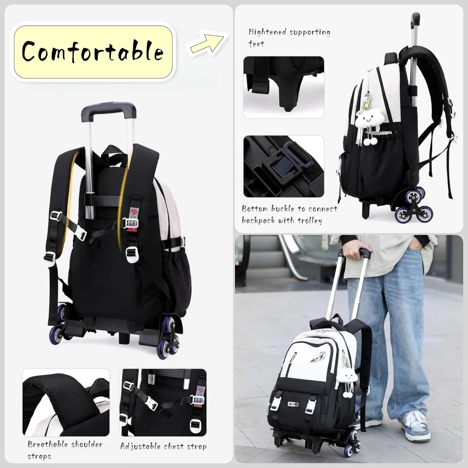 Black Rolling Backpack for Girls Boys Elementary Middle School Bags, Kids Wheeled Boys Girls Backpack with 6 Wheels, Black