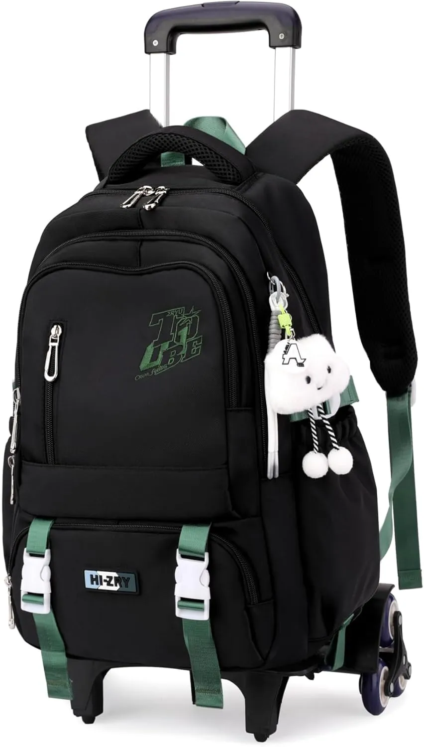 Black Rolling Backpack for Girls Boys Elementary Middle School Bags, Kids Wheeled Boys Girls Backpack with 6 Wheels, Black
