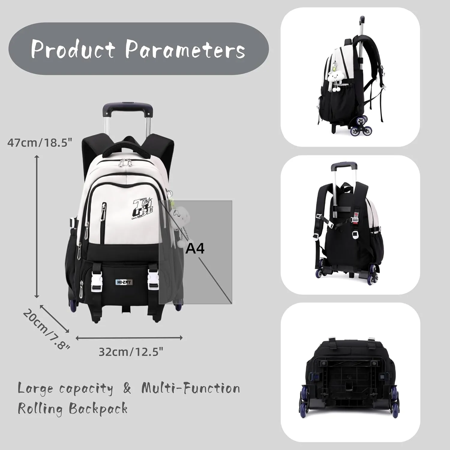 Black Rolling Backpack for Girls Boys Elementary Middle School Bags, Kids Wheeled Boys Girls Backpack with 6 Wheels, Black