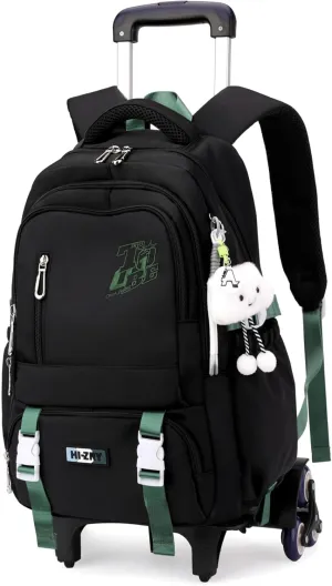 Black Rolling Backpack for Girls Boys Elementary Middle School Bags, Kids Wheeled Boys Girls Backpack with 6 Wheels, Black