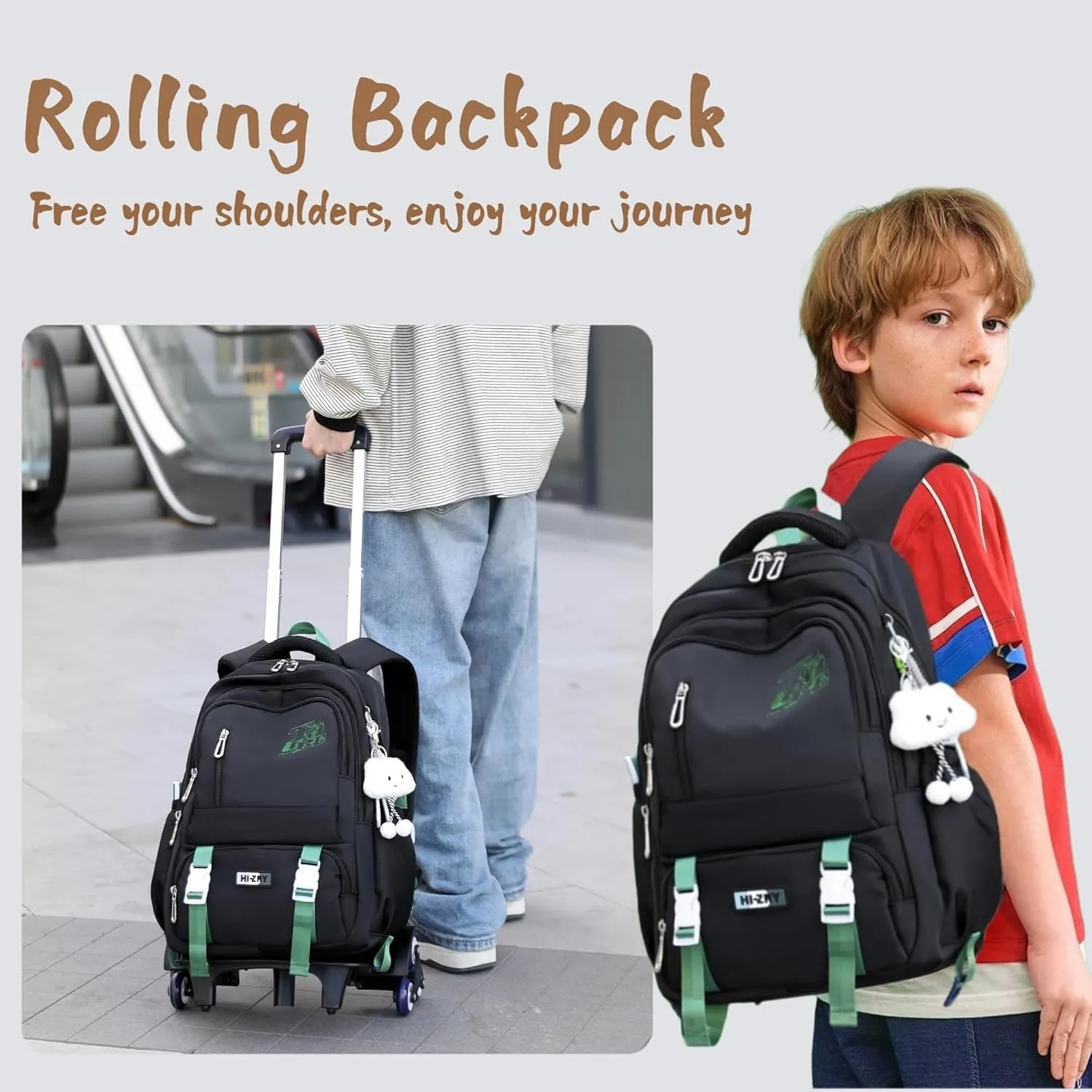 Black Rolling Backpack for Girls Boys Elementary Middle School Bags, Kids Wheeled Boys Girls Backpack with 6 Wheels, Black