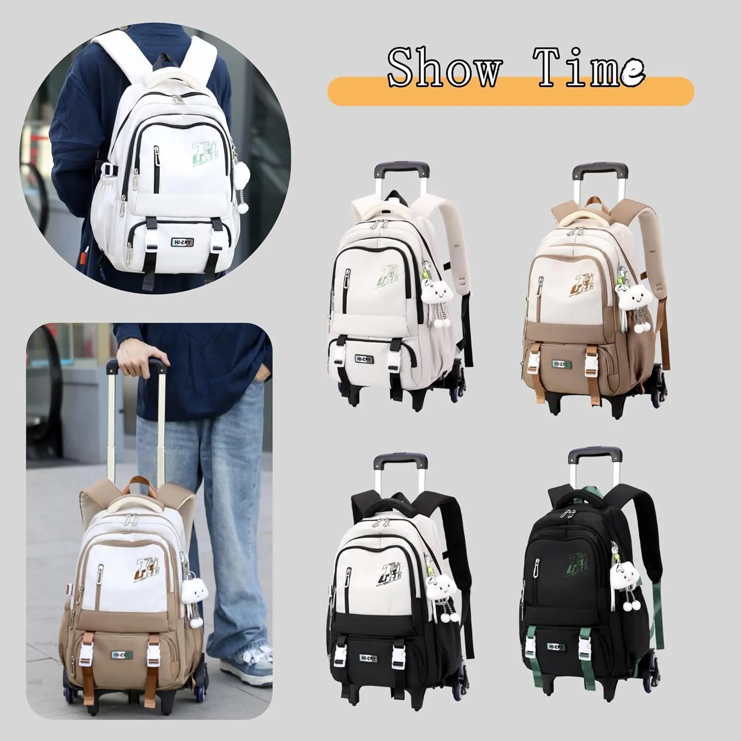 Black Rolling Backpack for Girls Boys Elementary Middle School Bags, Kids Wheeled Boys Girls Backpack with 6 Wheels, Black