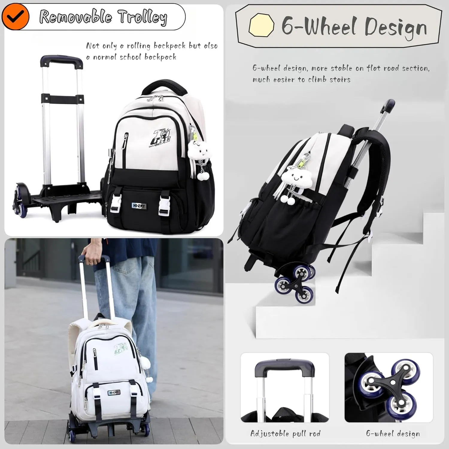 Black Rolling Backpack for Girls Boys Elementary Middle School Bags, Kids Wheeled Boys Girls Backpack with 6 Wheels, Black