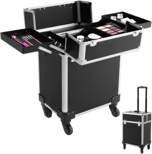 Black Rolling Makeup Case, Professional Cosmetic Box Storage on Wheels, Large Make Up Train Carrying Cases w/4 Organizer Trays, Cosmetic Case Trolley with Locks for Makeup/Nail Art/Hair Styling