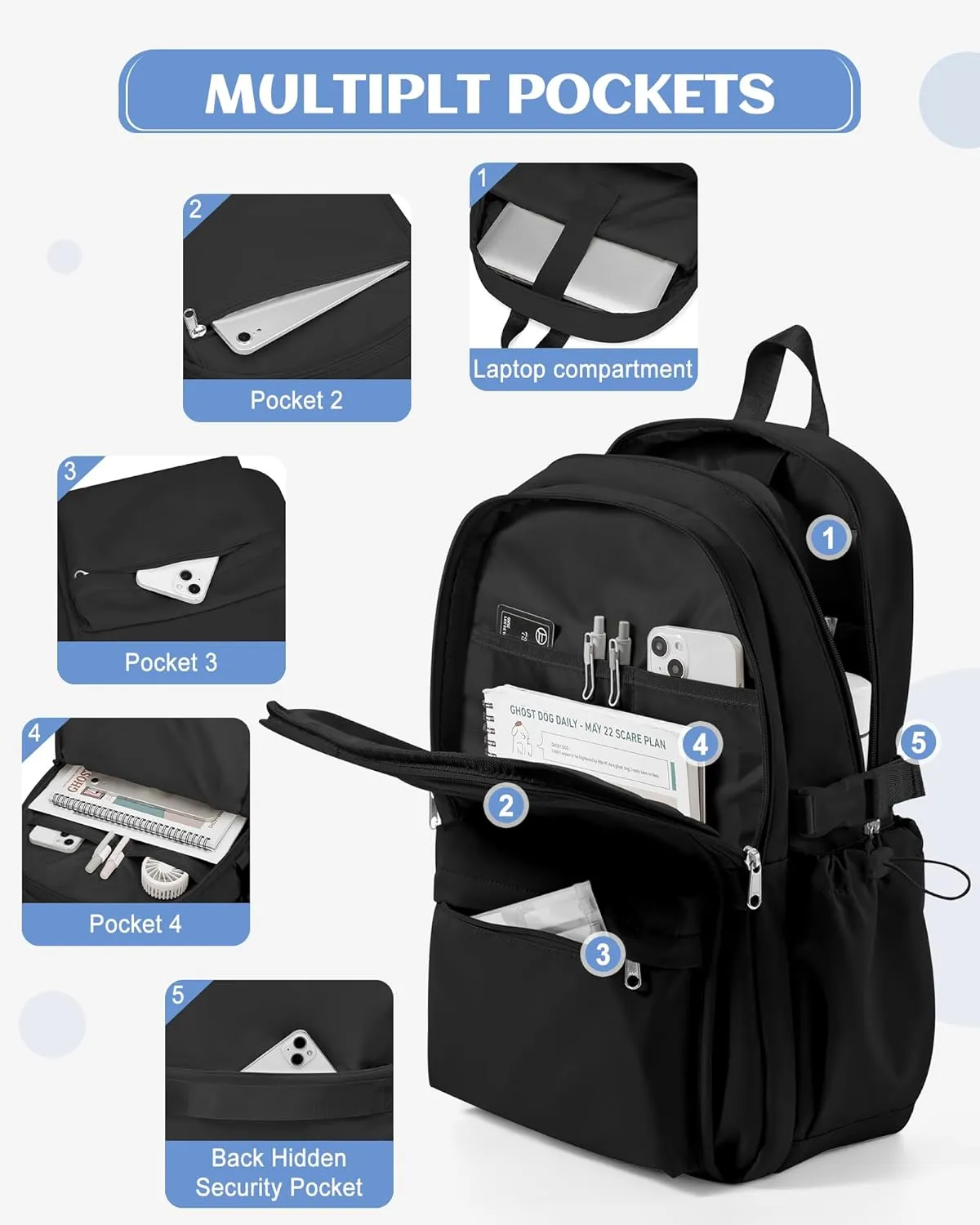 Black School Backpack for Teen Girls Lightweight College Backpack Women Travel Backpacks Waterproof High School Bookbag for Men Classic Casual Daypacks