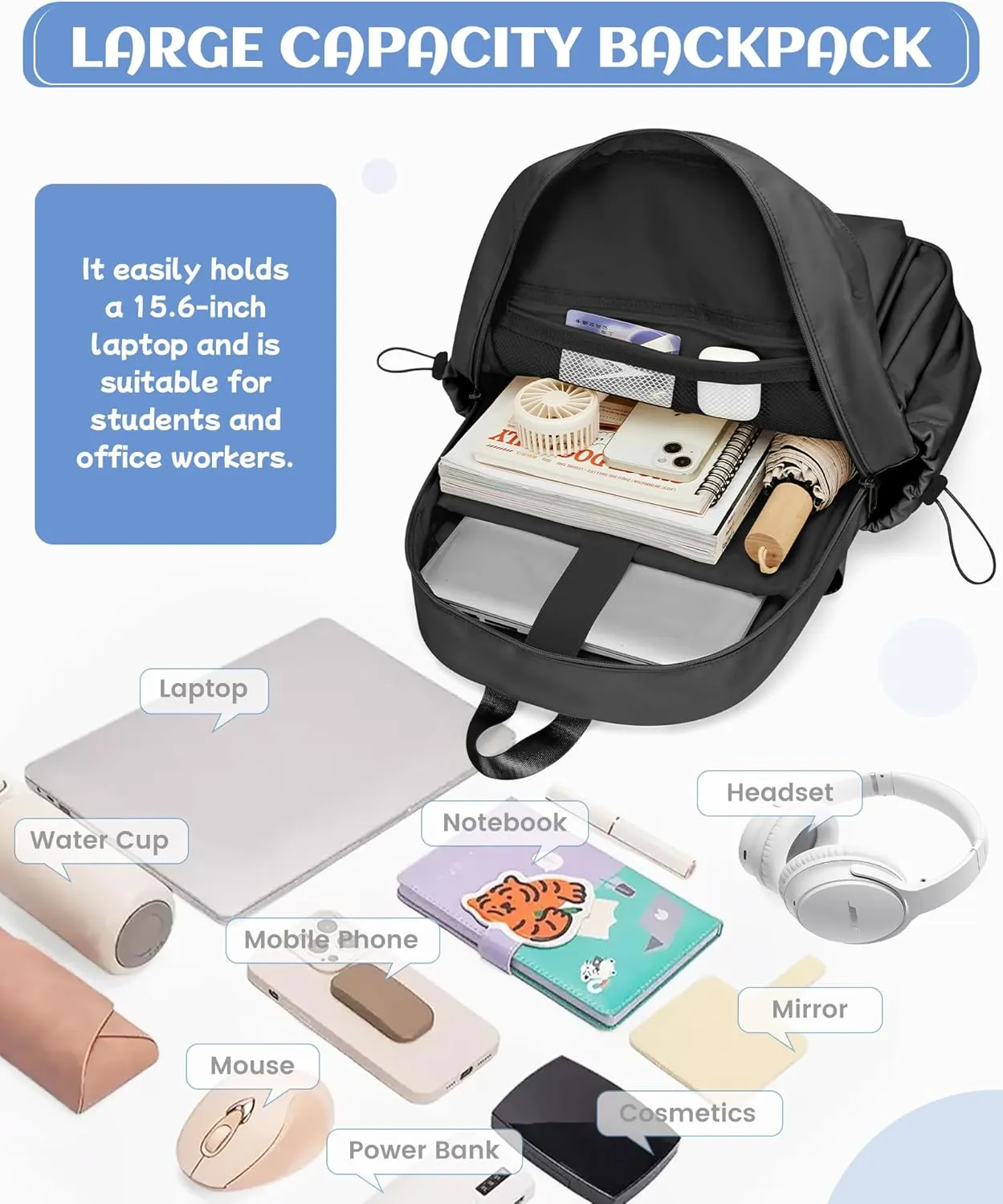 Black School Backpack for Teen Girls Lightweight College Backpack Women Travel Backpacks Waterproof High School Bookbag for Men Classic Casual Daypacks
