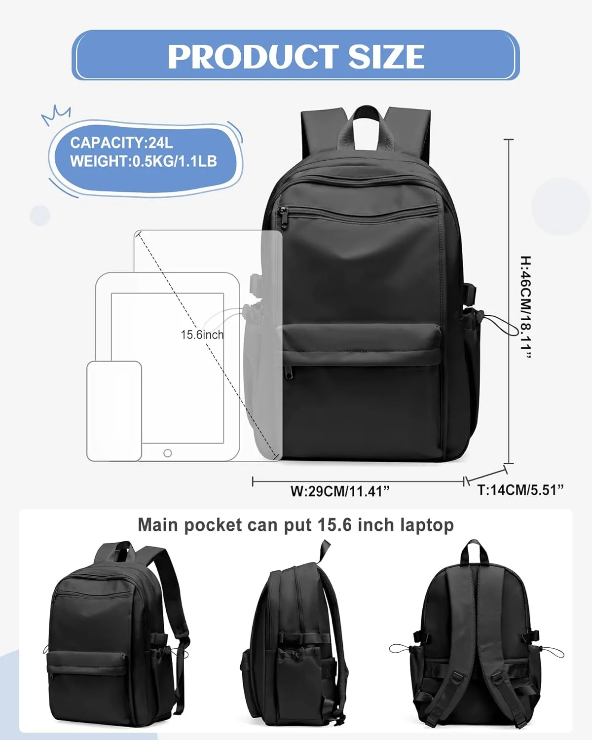 Black School Backpack for Teen Girls Lightweight College Backpack Women Travel Backpacks Waterproof High School Bookbag for Men Classic Casual Daypacks