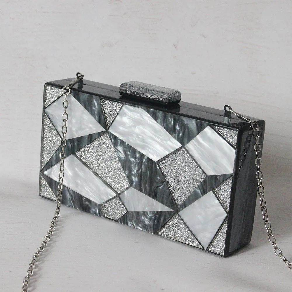 Black Silver Evening Bag Sequins Wedding Handbag Box Clutch Purse