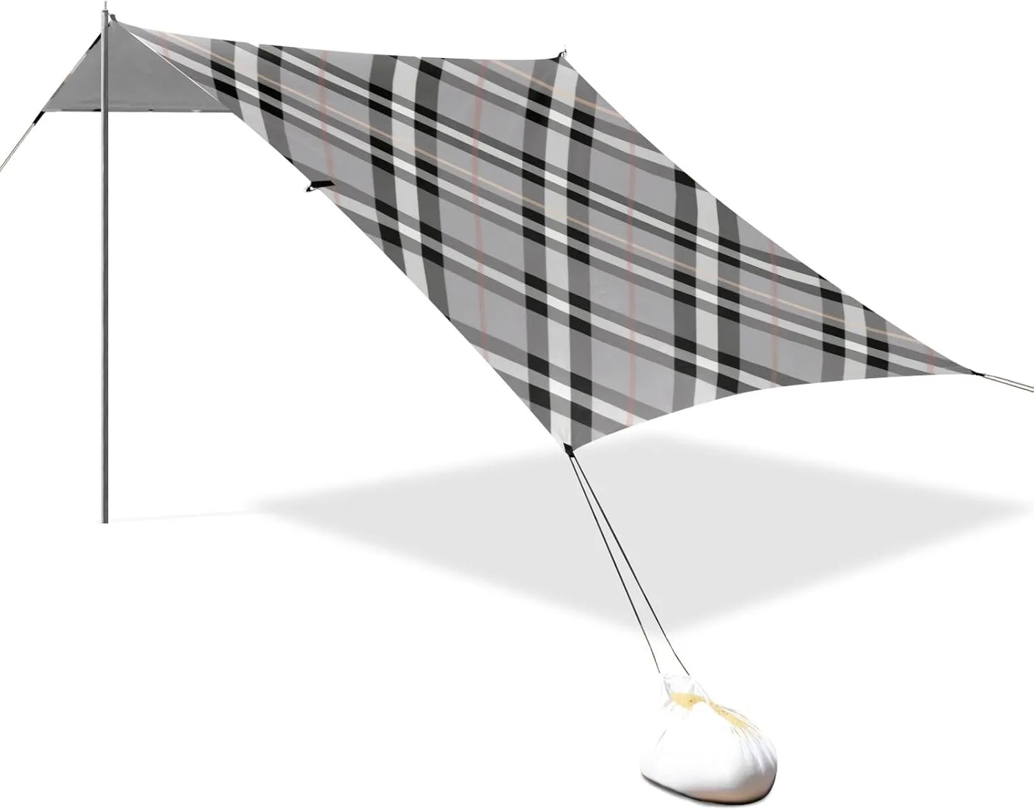 Black White Grey Checkered Plaid Designed UPF50 Foldable Beach Tent Water-Resistant Sun Shade with Sandbags, Sand Shovel, Poles for Camping, Picnics, Backyard tienda para Playa