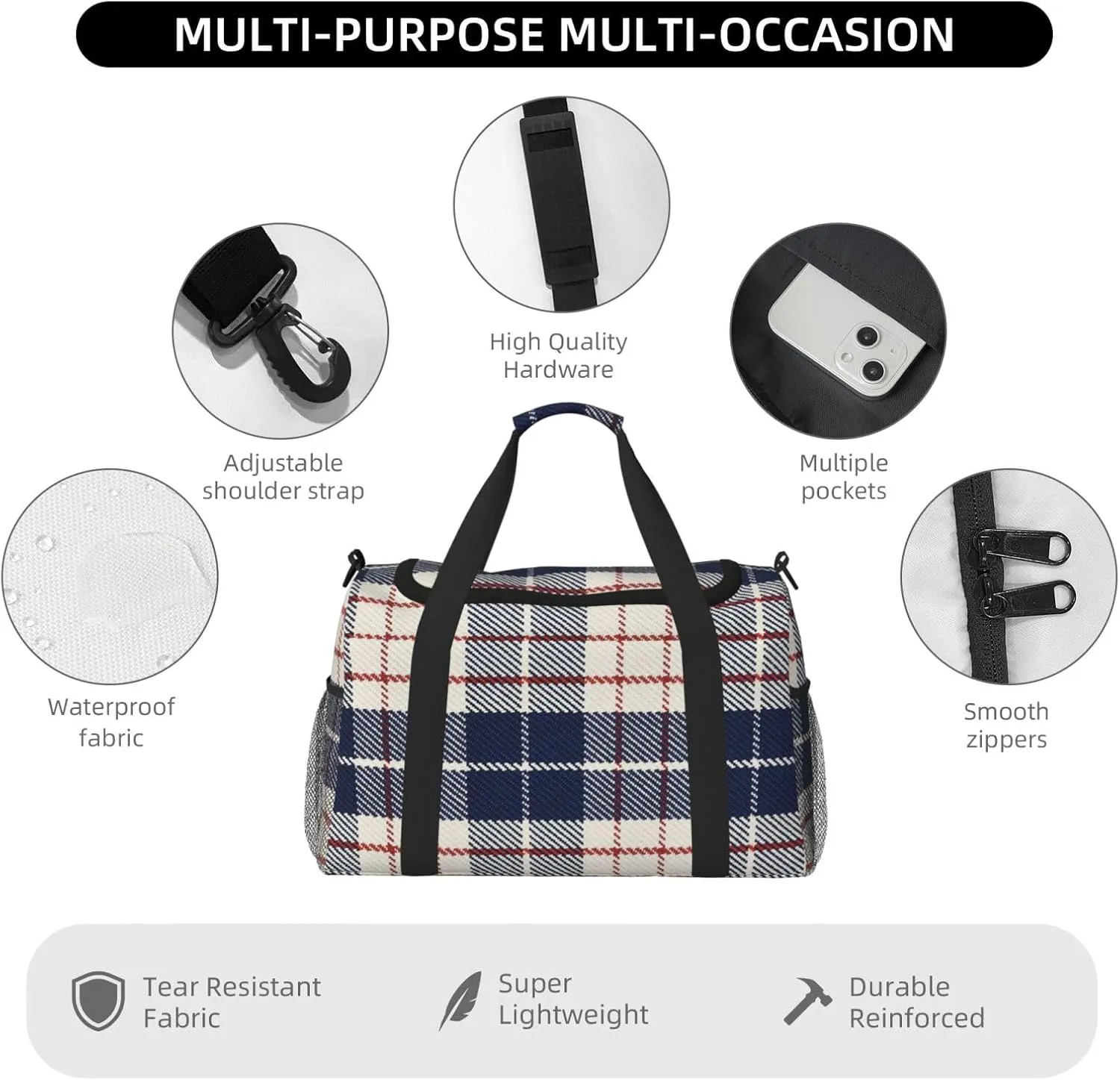 Black White Grid Thin Line Travel Duffel Bag Large Foldable Waterproof Overnight Bag For Beach Swim Bags Pool Sports Gym