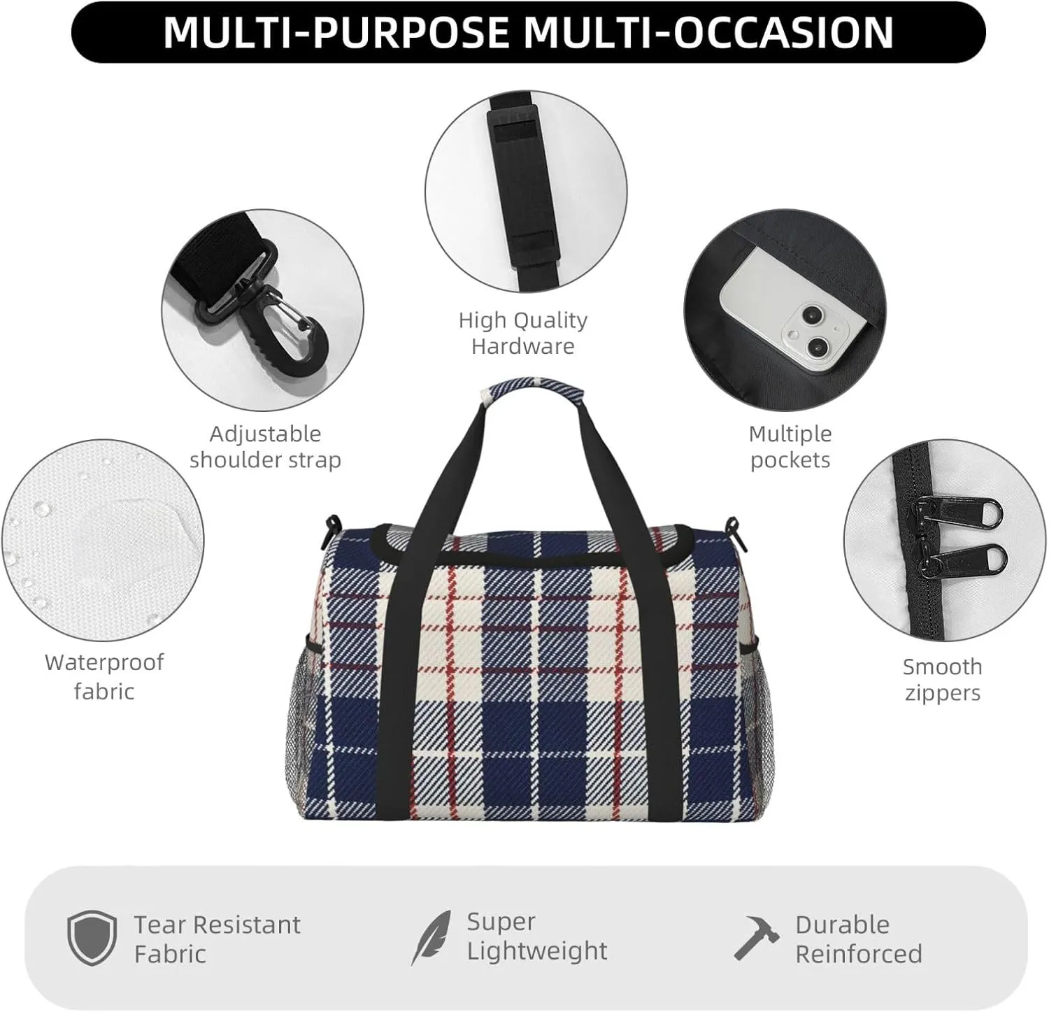 Black White Grid Thin Line Travel Duffel Bag Large Foldable Waterproof Overnight Bag For Beach Swim Bags Pool Sports Gym
