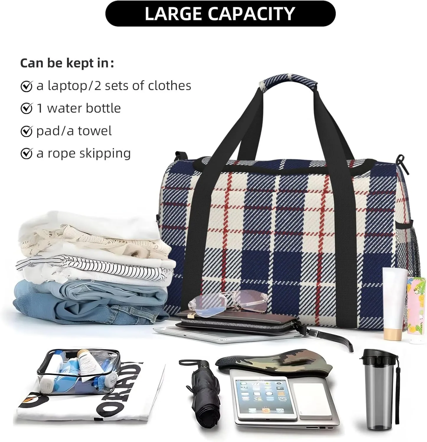 Black White Grid Thin Line Travel Duffel Bag Large Foldable Waterproof Overnight Bag For Beach Swim Bags Pool Sports Gym