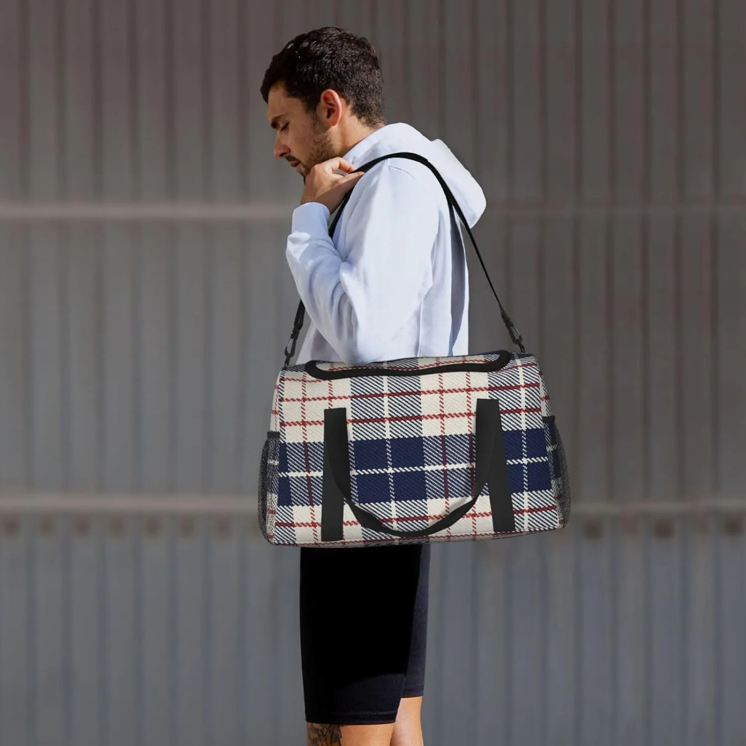 Black White Grid Thin Line Travel Duffel Bag Large Foldable Waterproof Overnight Bag For Beach Swim Bags Pool Sports Gym